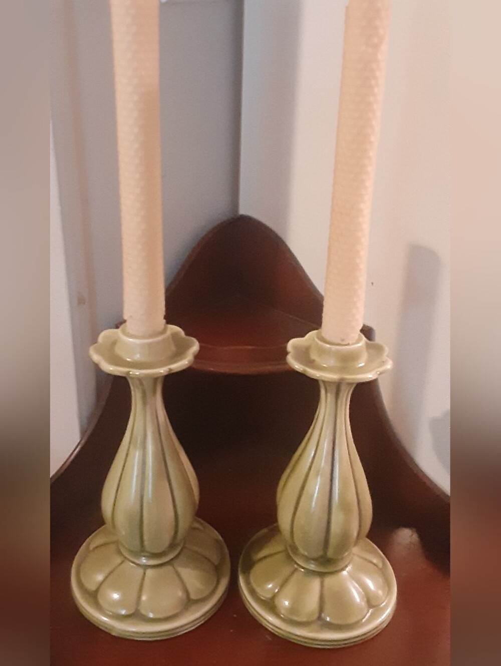 MCM California Pottery Olive Green Floral Ceramic Candlestick Pair ~ 9.25 "